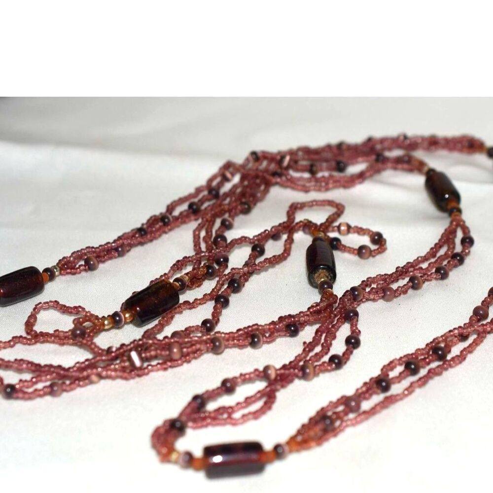 Vintage Dramatic Cottagecore Burgandy Glass Seed/Barrel Beads 46" Boho Necklace